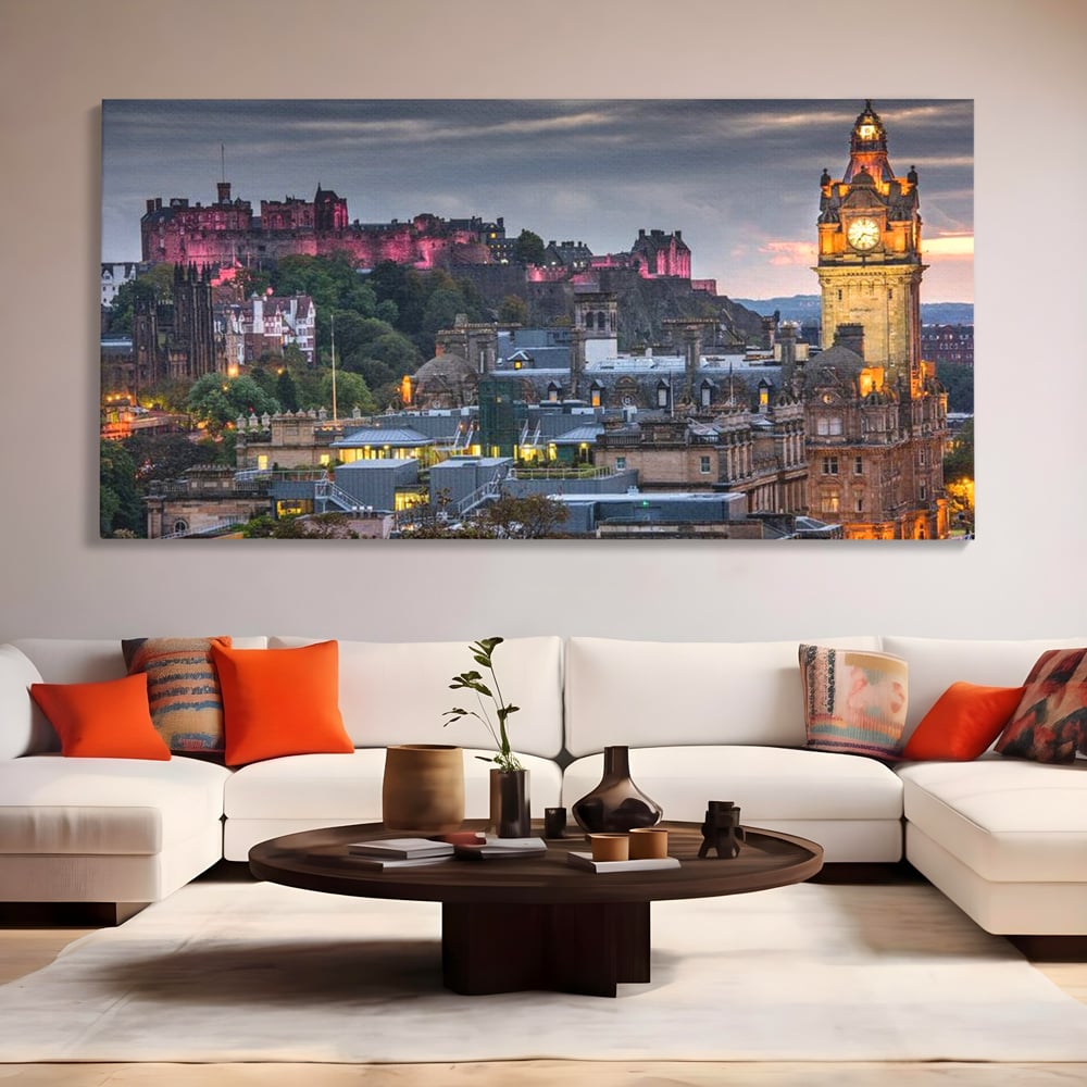 Tablou canvas cu tablou canvas cu peisaj urban din scotia la amurg, fara rama, pe sasiu de lemn, pe perete intr-un living